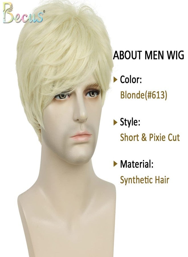 BECUS Wigs Blonde Wig Men Short Platinum Blonde Wig with Bangs Short Wigs Straight Synthetic Cosplay for Halloween Rockstar Anime Party (8 in) - Image 2